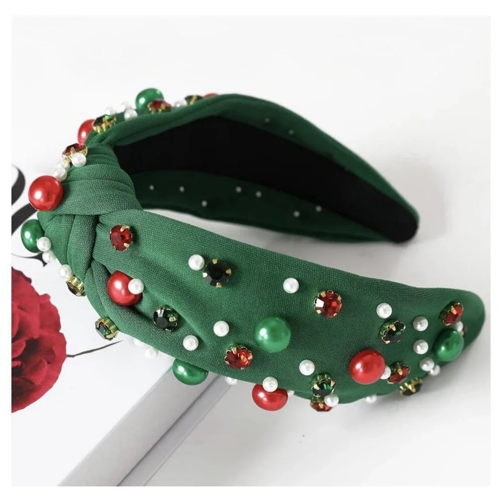 Green Christmas Pearl Rhinestone Non Slip Wide Top Knotted Headband Crystal